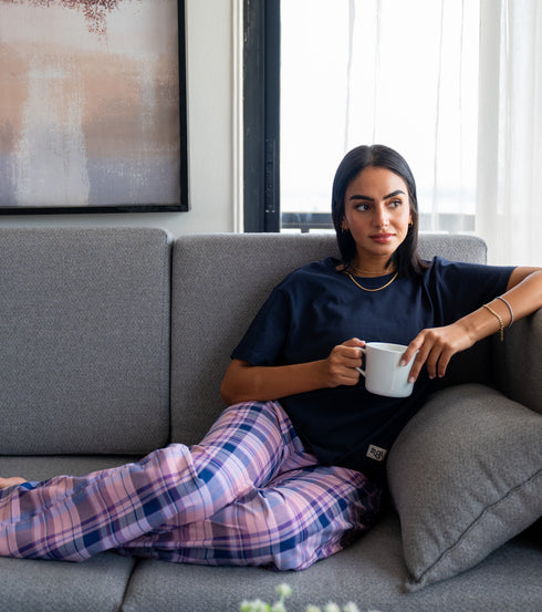 Women summer pajama set Dark Blue Tee + Purple X Navy Plaid Pants